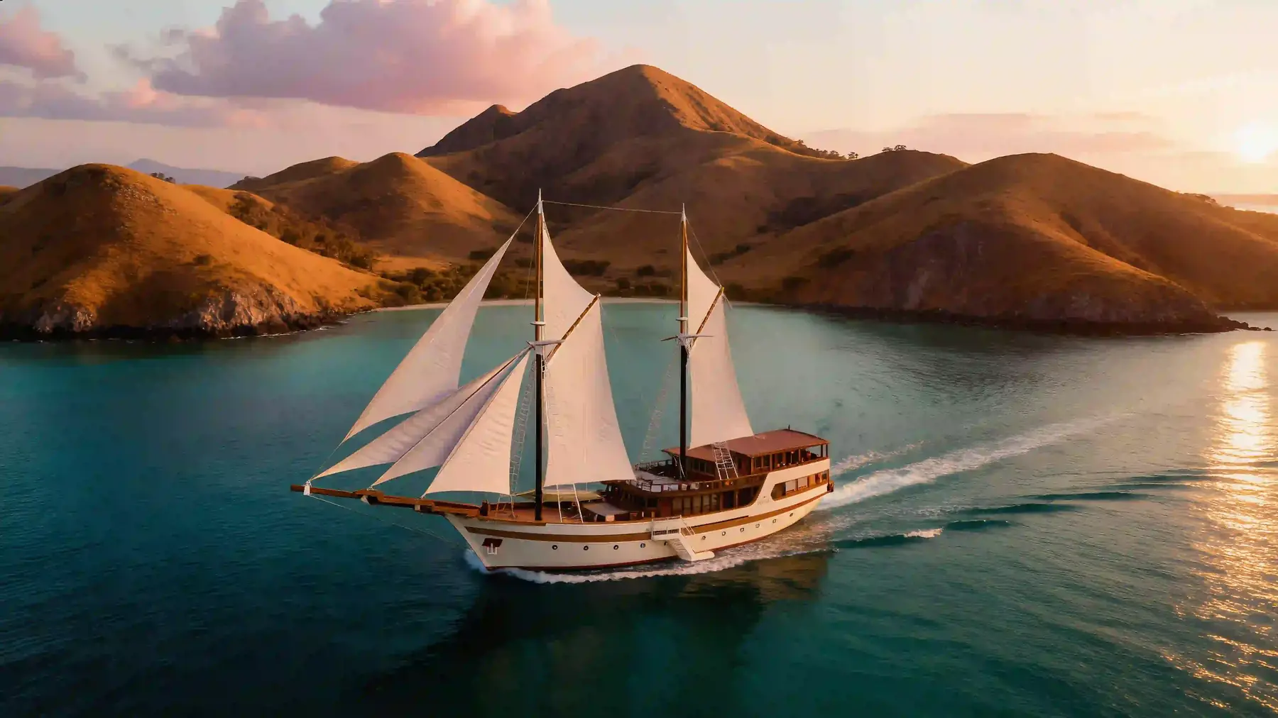 A phinisi under full sail on a private charter in eastern Indonesia
